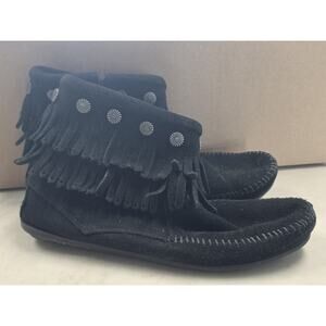 Minnetonka Black Genuine Leather Fringe Back Zip Moccasin Booties Size 8